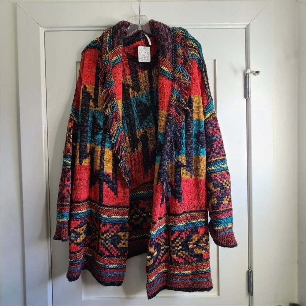 Free People Southwestern Cardigan Duster Jacket Fringe Aztec Size Medium large - Picture 6 of 15